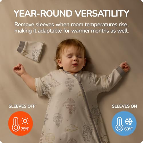 usbettas Baby Sleep Sack 6–12 Months, 2.5 TOG Warm Cotton Sleep Sack with Detachable Long Sleeves, Winter Wearable Blanket for Cold Nights, 2-Way Zipper Toddler Sleeping Sack, Hot Air Balloon - Image 3