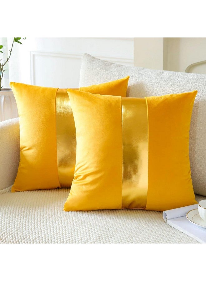 AEROHAVEN™ Set of 2 Premium Velvet with Gold Stripes Decorative Throw Pillow/Cushion Covers with Invisible Zipper - (16 x 16 Inch, Yellow) - Image 1
