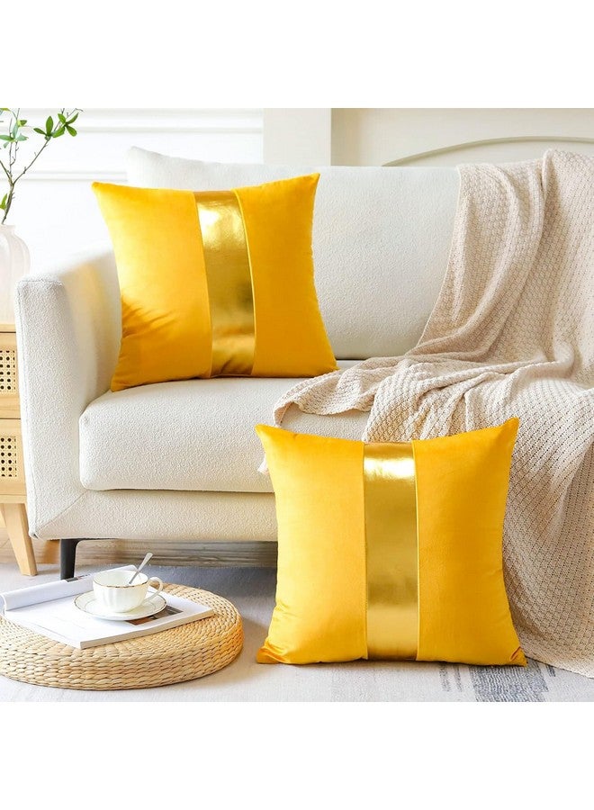 AEROHAVEN™ Set of 2 Premium Velvet with Gold Stripes Decorative Throw Pillow/Cushion Covers with Invisible Zipper - (16 x 16 Inch, Yellow) - Image 2