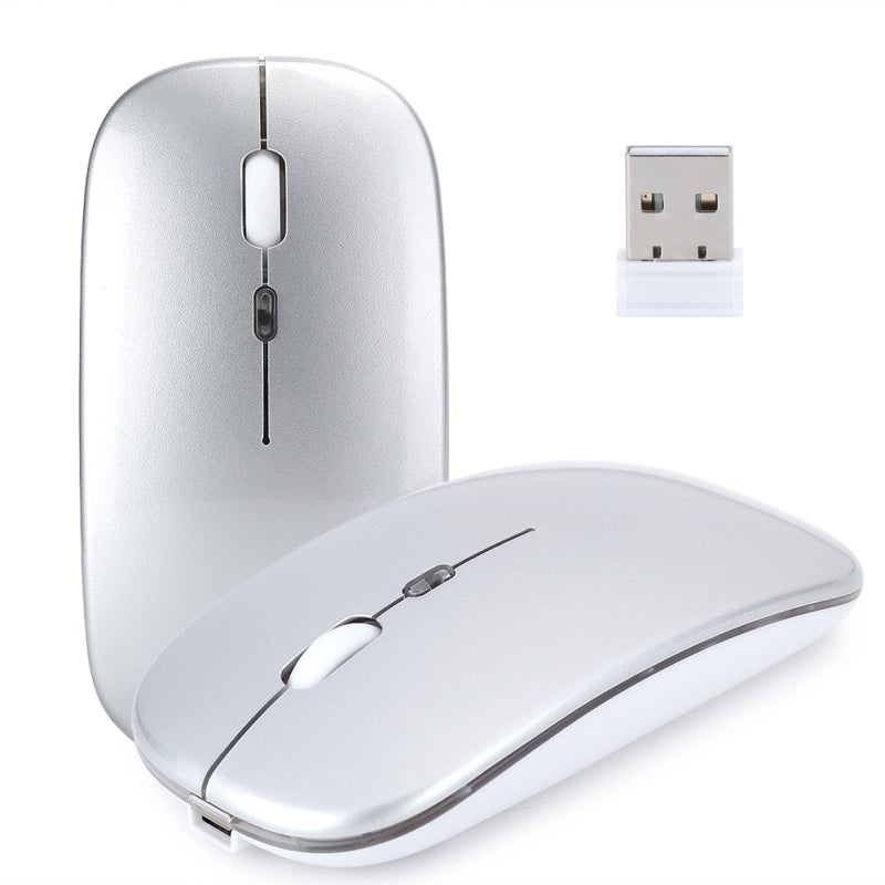 Wireless Mouse: Silver Slim Design, 2.4G Wireless Transmission 10M Range - 3-Speed 1600 DPI Adjustment, Quiet Rechargeable Mouse for Office Gaming Use - Image 4