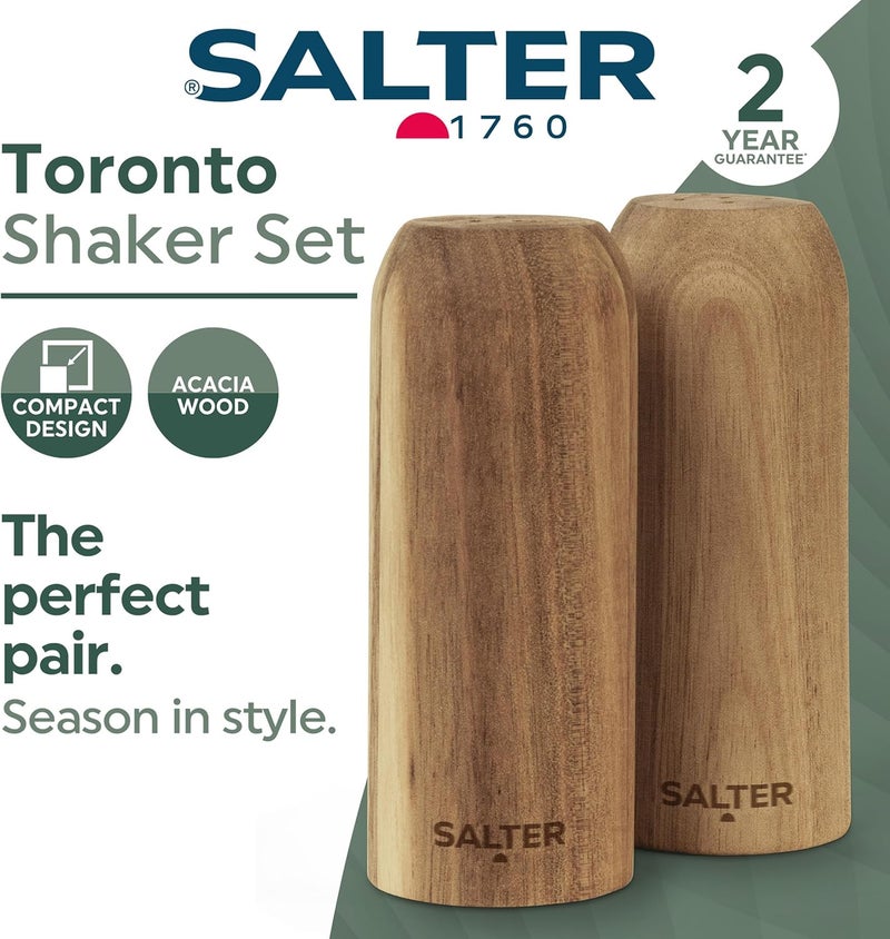 Salter BW12783EU7 Toronto Salt & Pepper Shakers - Set of 2 Spice Shaker, Acacia Wood, Lightweight, Compact, Refillable Seasoning Dispenser, Mills Unfilled, Approx. 30g Ground Salt & Pepper Capacity - Image 2