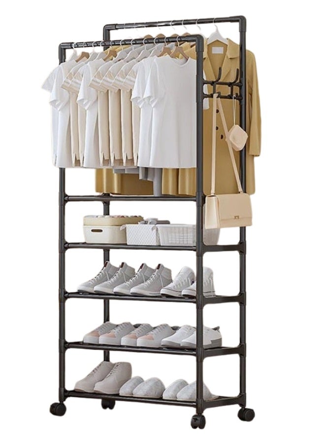 Multi-Purpose Metal Garment Rack 184 × 56 × 33 cm with Dual Hanging Rails and 4 Storage Shelves – Rolling Clothes Organizer for Shoes, Bags and Accessories, Heavy Duty Rust-Resistant Clothing Rack - Image 1