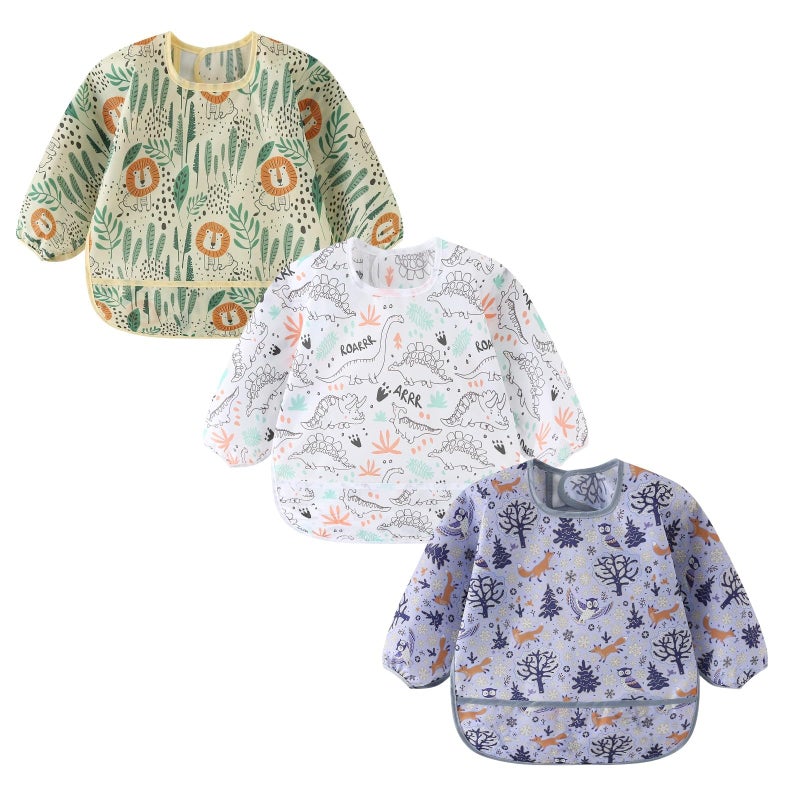 ElecMotive 3 Pack Long Sleeve Bib,Baby Smock for Eating 6-30 Months Reusable Shirt Bibs for Babies Toddler - Image 1