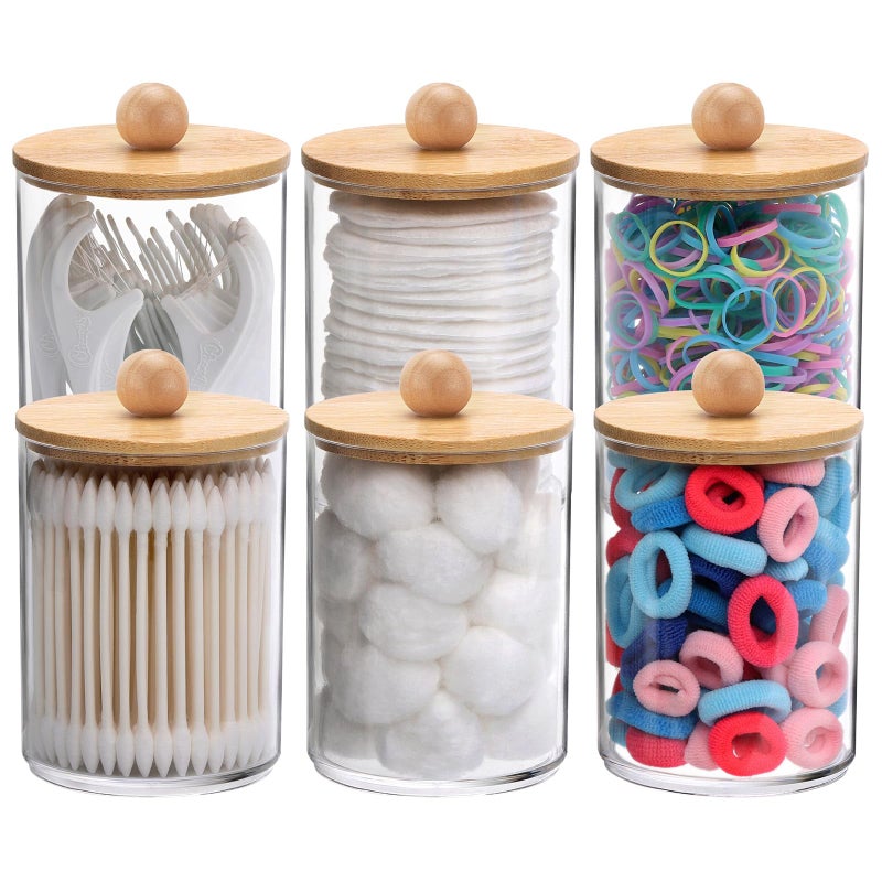 Tbestmax Tbestmax 6 Pack Qtip Holder 10Ounce Apothecary Jars with Bamboo Lids for Cotton Ball Swab Pad Dispenser Bathroom Canisters Organizer 