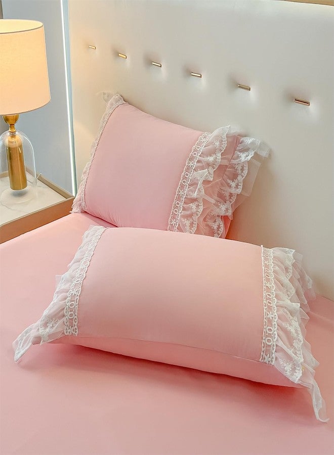 MOOWOO Chic Ruffle Lace Polyester Duvet Cover Set -Girl Pink Bedding-3 Piece Queen Duvet Cover with Zipper Closure -Ultra Soft and Light Weight (Pink,Queen) - Image 4