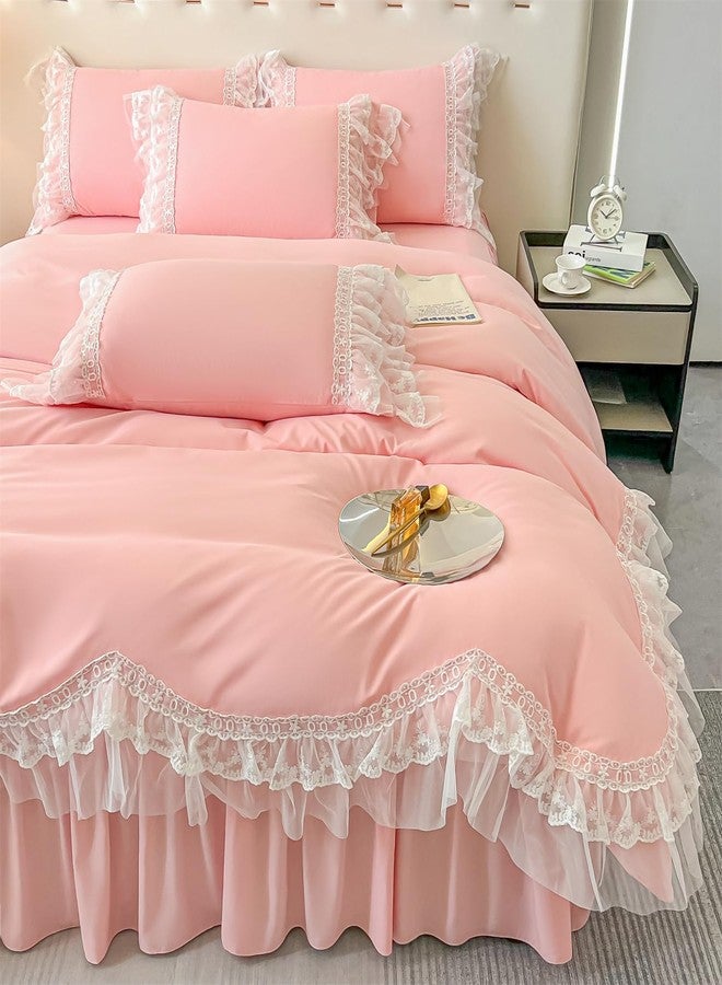 MOOWOO Chic Ruffle Lace Polyester Duvet Cover Set -Girl Pink Bedding-3 Piece Queen Duvet Cover with Zipper Closure -Ultra Soft and Light Weight (Pink,Queen) - Image 2