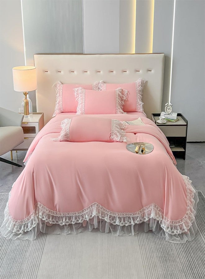 MOOWOO Chic Ruffle Lace Polyester Duvet Cover Set -Girl Pink Bedding-3 Piece Queen Duvet Cover with Zipper Closure -Ultra Soft and Light Weight (Pink,Queen) - Image 1