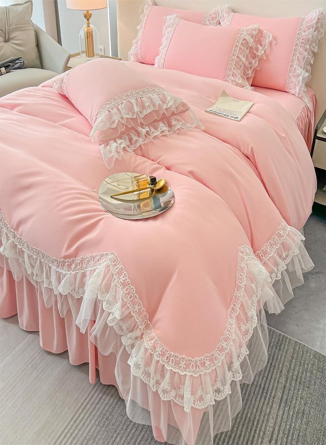 MOOWOO Chic Ruffle Lace Polyester Duvet Cover Set -Girl Pink Bedding-3 Piece Queen Duvet Cover with Zipper Closure -Ultra Soft and Light Weight (Pink,Queen) - Image 3