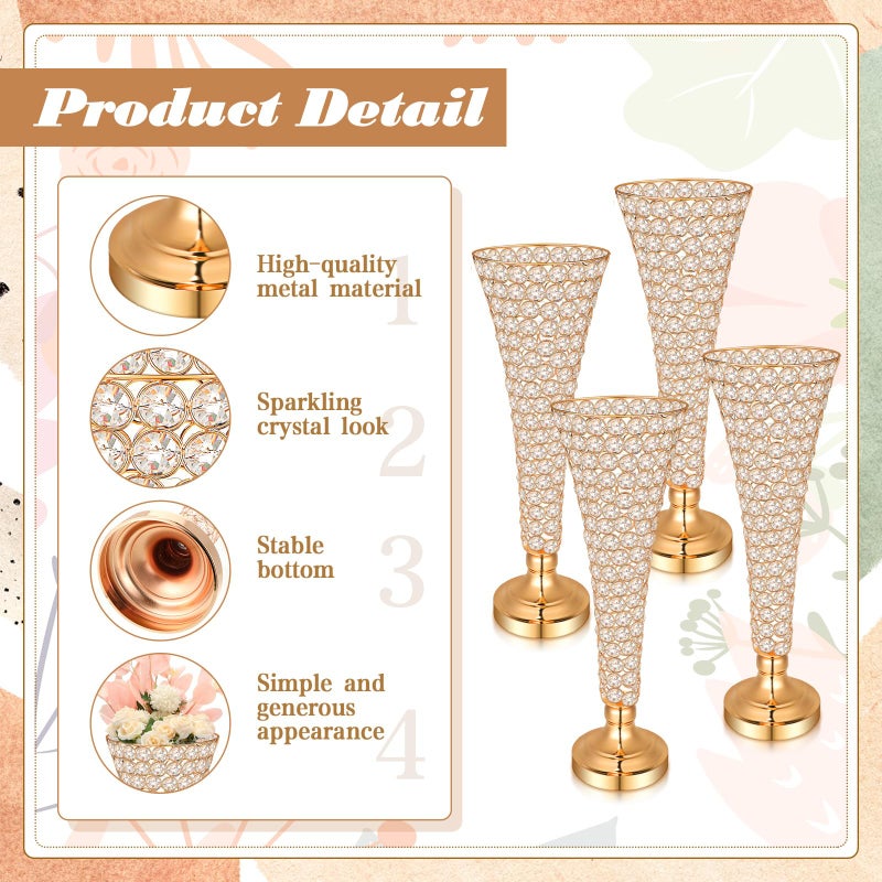 Rtteri 4 Pcs 20 Inch Tall Crystal Vase for Centerpieces Wedding Metal Crystal Trumpet Flower Vase Stand for Holiday Table Floor Wedding Banquet Celebration, Classic Elegance(Gold) - Image 5