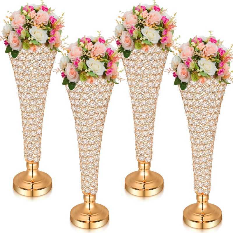 Rtteri 4 Pcs 20 Inch Tall Crystal Vase for Centerpieces Wedding Metal Crystal Trumpet Flower Vase Stand for Holiday Table Floor Wedding Banquet Celebration, Classic Elegance(Gold) - Image 1
