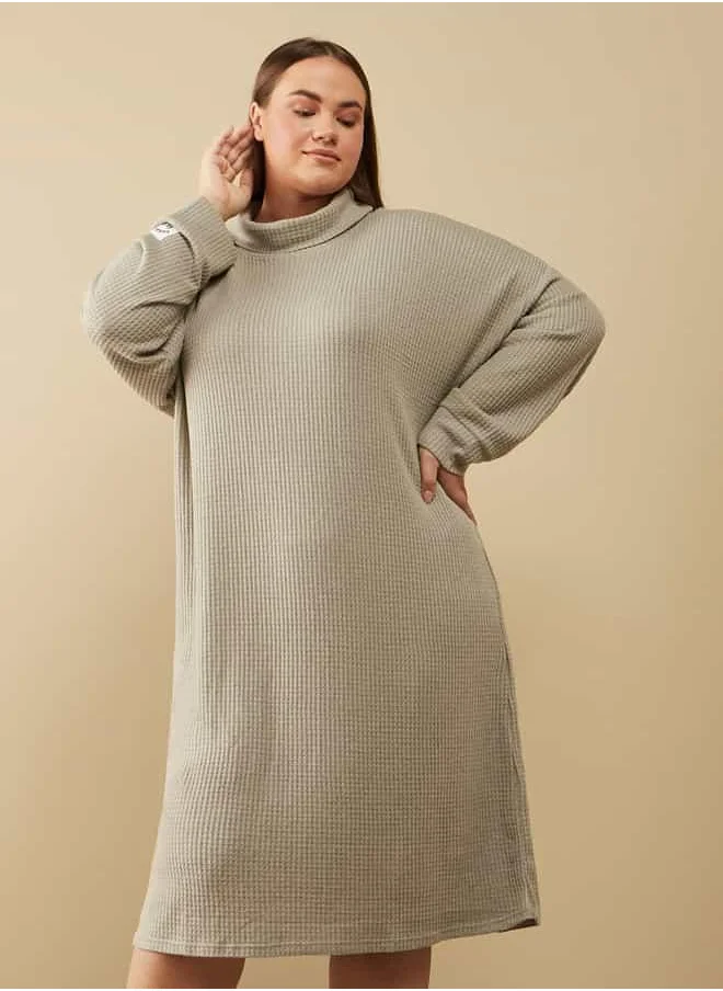 فاف Waffle Textured Dress with Cowl Neck and Long Sleeves