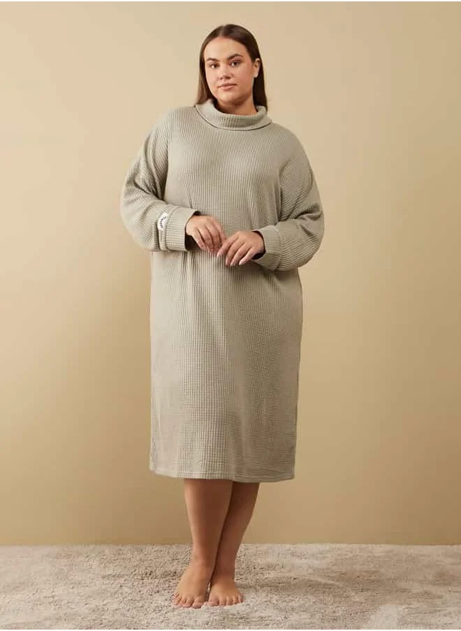 فاف Waffle Textured Dress with Cowl Neck and Long Sleeves