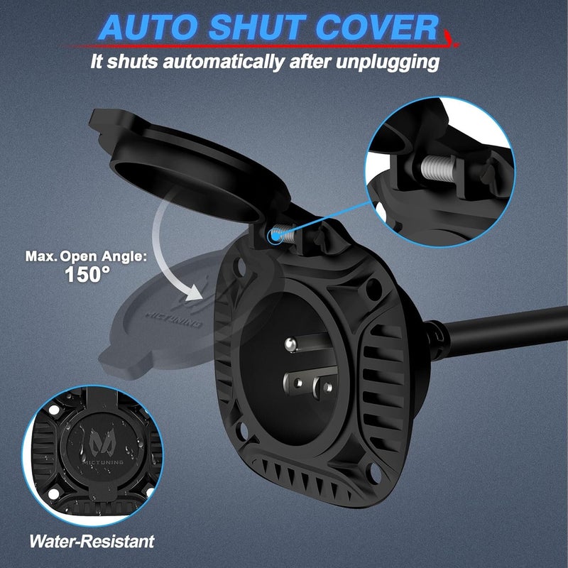 MICTUNING 15Amp 125V AC Port Plug with Heavy Duty Integrated 20" Extension Cord and Water-Resistant Spring-loaded Cover - Black - Image 2