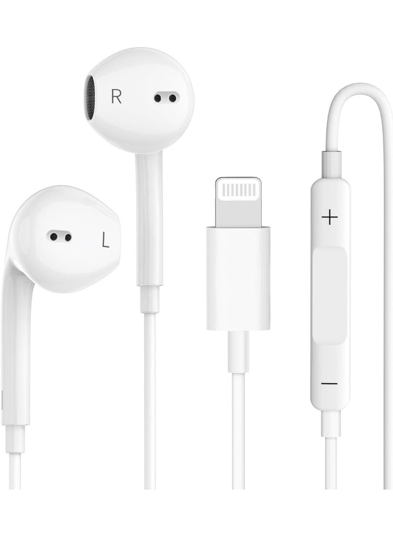 سماعات أذن سلكية مزودة بمنفذ Lightning لأجهزة iPhone و iPad، ميكروفون مدمج وتحكم في مستوى الصوت، صوت ستيريو عالي الجهير، سماعات أذن سلكية متوافقة مع جميع الأجهزة المزودة بمنفذ Lightning، متوافقة مع iPhone 14 Pro Max، 14، 13 Pro Max، 12 Pro Max، 11 Pro Max، iPhone X، iPad - أبيض