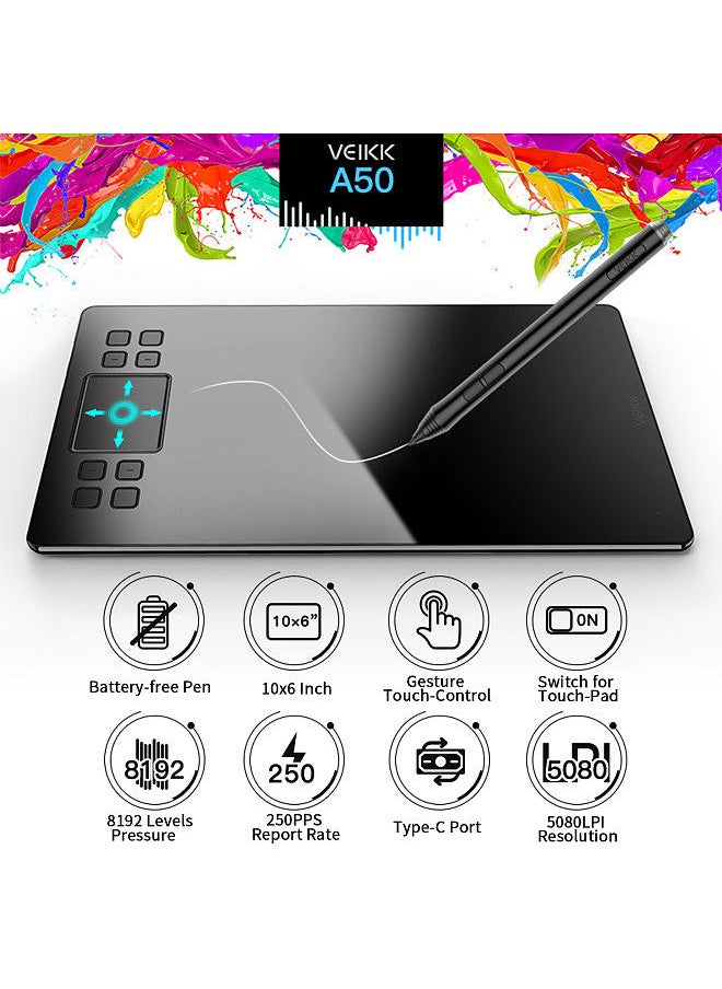 Veikk - A50 Graphics Drawing Tablet 10 x 6 Inch Large Active Area 8 Express Keys & Gesture Touch-Pad 8192 Levels Pressure Art Graphics Tablet with Battery-free Stylus 8 Pen Nibs - Image 1