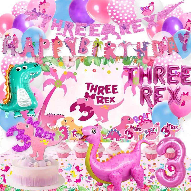 BEOXAGAR Dino Rex Three Girls Birthday Party Decorations Pink Dinosaur Supplies - Image 2