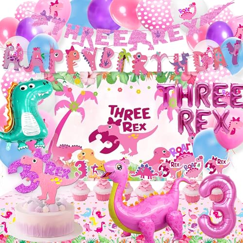 BEOXAGAR Dino Rex Three Girls Birthday Party Decorations Pink Dinosaur Supplies - Image 1