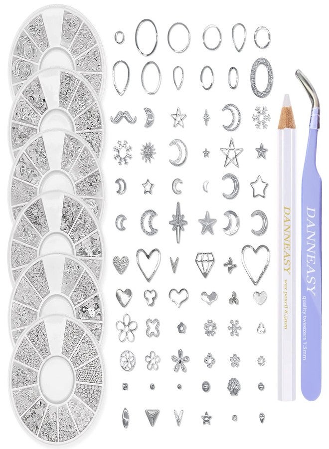 DANNEASY 3D Nail Charms Nail Jewels Silver Nail Art Charms Charms for Nails Metal Nail Studs Nail Jewelry for Acrylic Nails DIY Craft Nail Decoration (6 Boxes) - Image 1