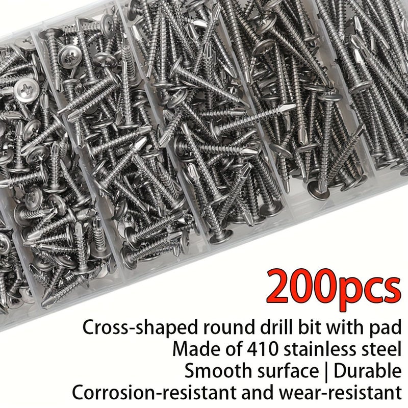200pcs M4.2 410 Stainless Steel Self Drilling Screws Flat Washer Head - Image 3