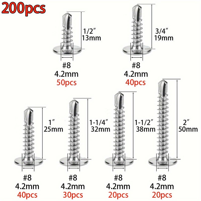 200pcs M4.2 410 Stainless Steel Self Drilling Screws Flat Washer Head - Image 2