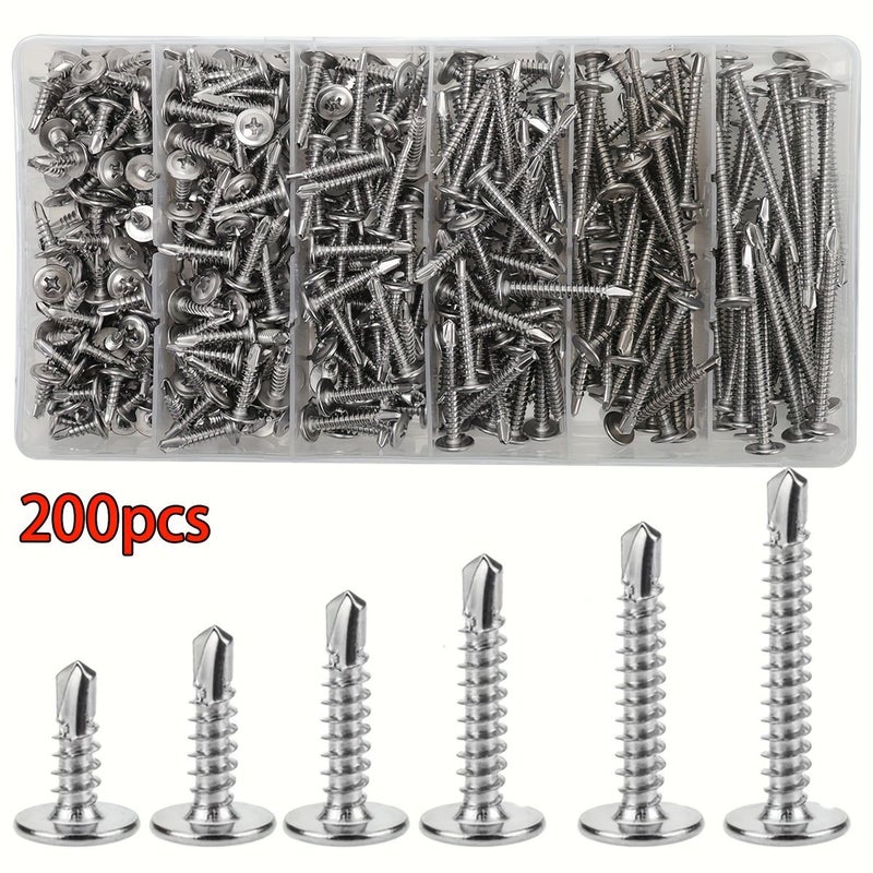 200pcs M4.2 410 Stainless Steel Self Drilling Screws Flat Washer Head - Image 1