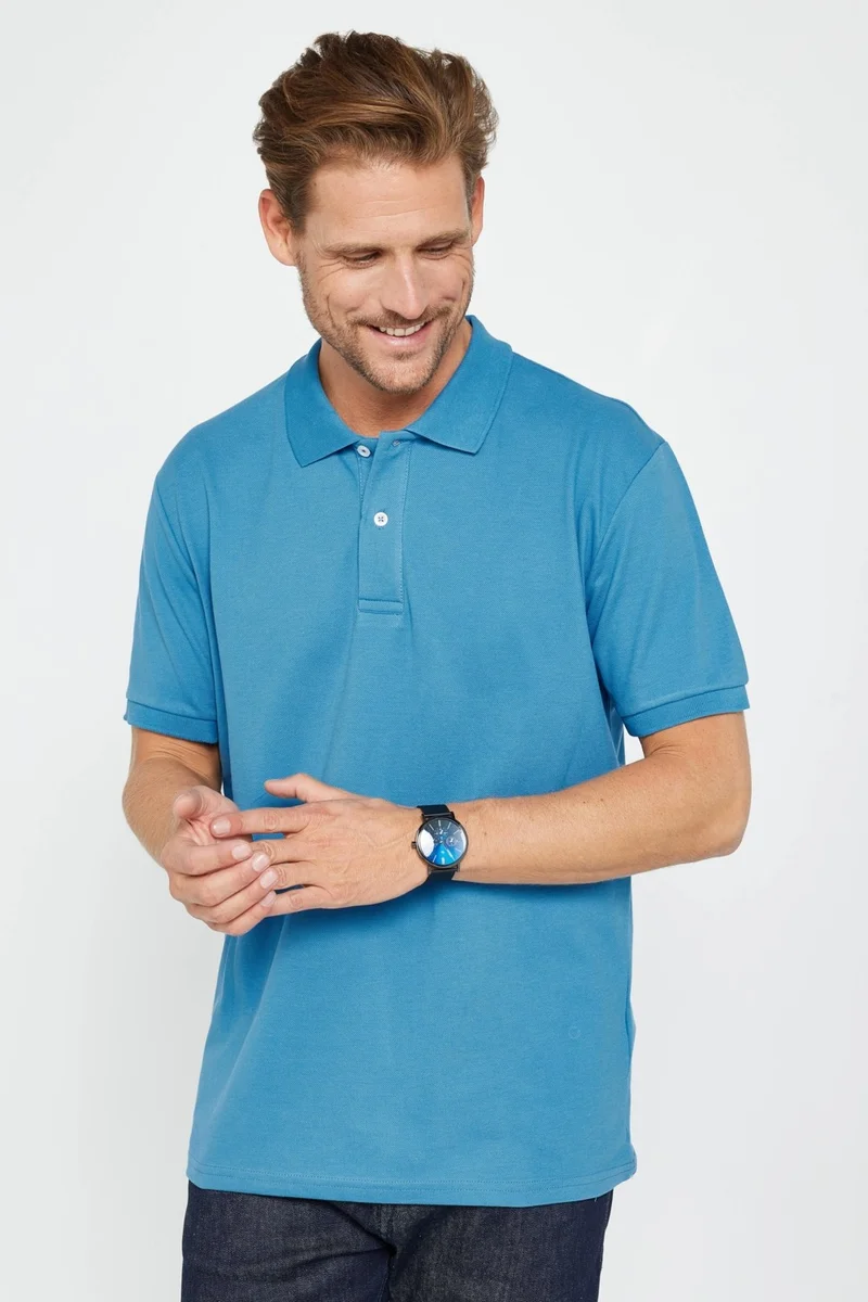 Tudors Men's Classic Fit Relaxed Cut Cotton Plain Pique Sax Blue Polo Collar T-Shirt