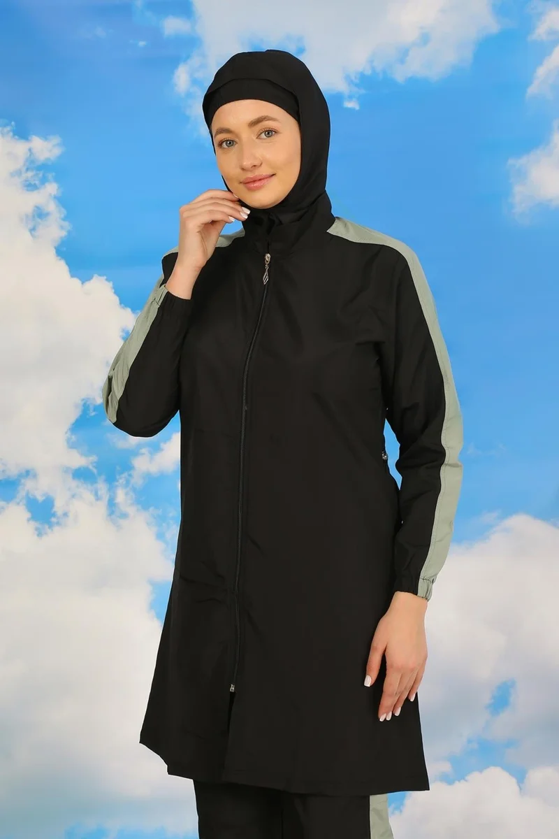 اكبينيز Women's Full Hijab Swimsuit with Pants and Striped Sleeves, Black 31066