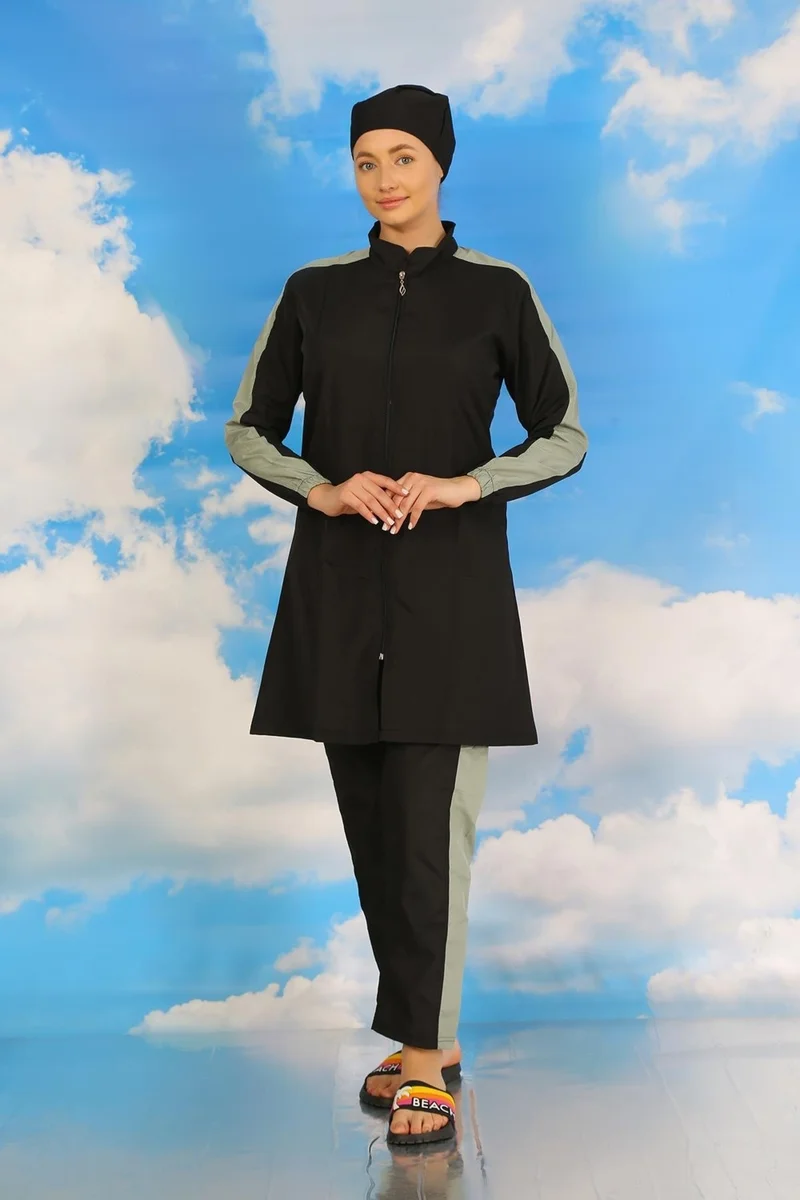 اكبينيز Women's Full Hijab Swimsuit with Pants and Striped Sleeves, Black 31066