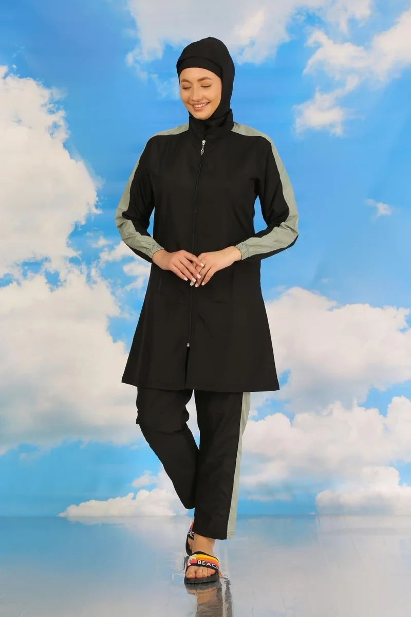 اكبينيز Women's Full Hijab Swimsuit with Pants and Striped Sleeves, Black 31066