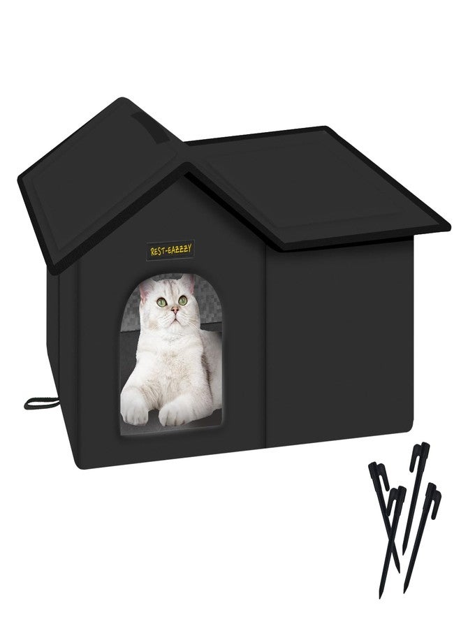 Rest-Eazzzy Cat House for Outdoor Cats, Weatherproof and Insulated Feral Cat House with Mat and Clip, Easy to Put Together, Selfwarming Cat Shelter for Summer (Black, Waterproof House-L) - Image 1