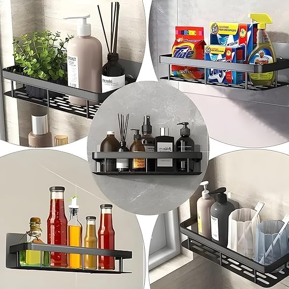 ETONWALL Wall Mounted Shower Caddy Shelf Space Saving High Load Bearing Aluminum Shower Storage Rack with Traceless Stickers for Bathroom & Kitchen Organized Storage (Black) - Image 5