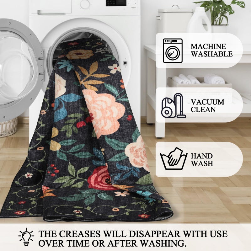 DUKINO 4x6 Feet Office Chair Mat, Lightweight Non Slip Washable Floral Area Rug, Indoor Low Pile & Non-Shedding Boho Design Rugs for Bedroom, Living Room, Dining Room, Black - Image 4