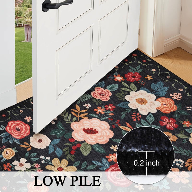 DUKINO 4x6 Feet Office Chair Mat, Lightweight Non Slip Washable Floral Area Rug, Indoor Low Pile & Non-Shedding Boho Design Rugs for Bedroom, Living Room, Dining Room, Black - Image 5