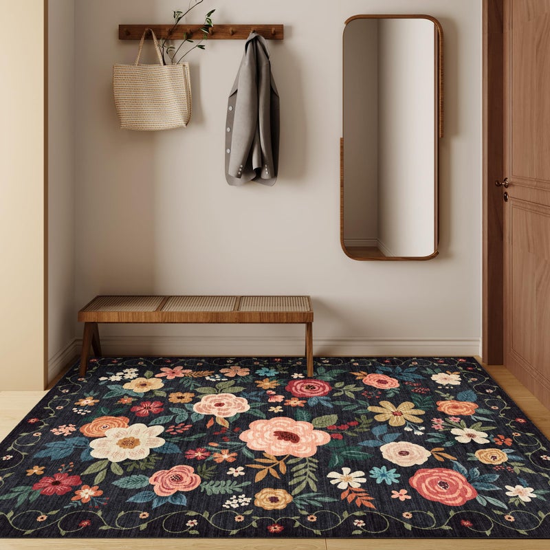 DUKINO 4x6 Feet Office Chair Mat, Lightweight Non Slip Washable Floral Area Rug, Indoor Low Pile & Non-Shedding Boho Design Rugs for Bedroom, Living Room, Dining Room, Black - Image 2