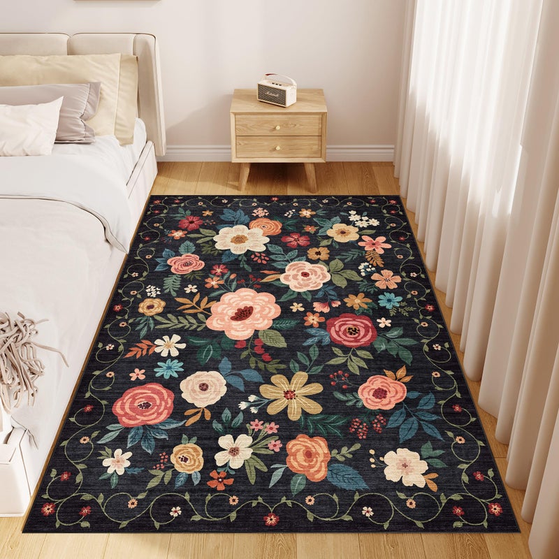 DUKINO 4x6 Feet Office Chair Mat, Lightweight Non Slip Washable Floral Area Rug, Indoor Low Pile & Non-Shedding Boho Design Rugs for Bedroom, Living Room, Dining Room, Black - Image 3