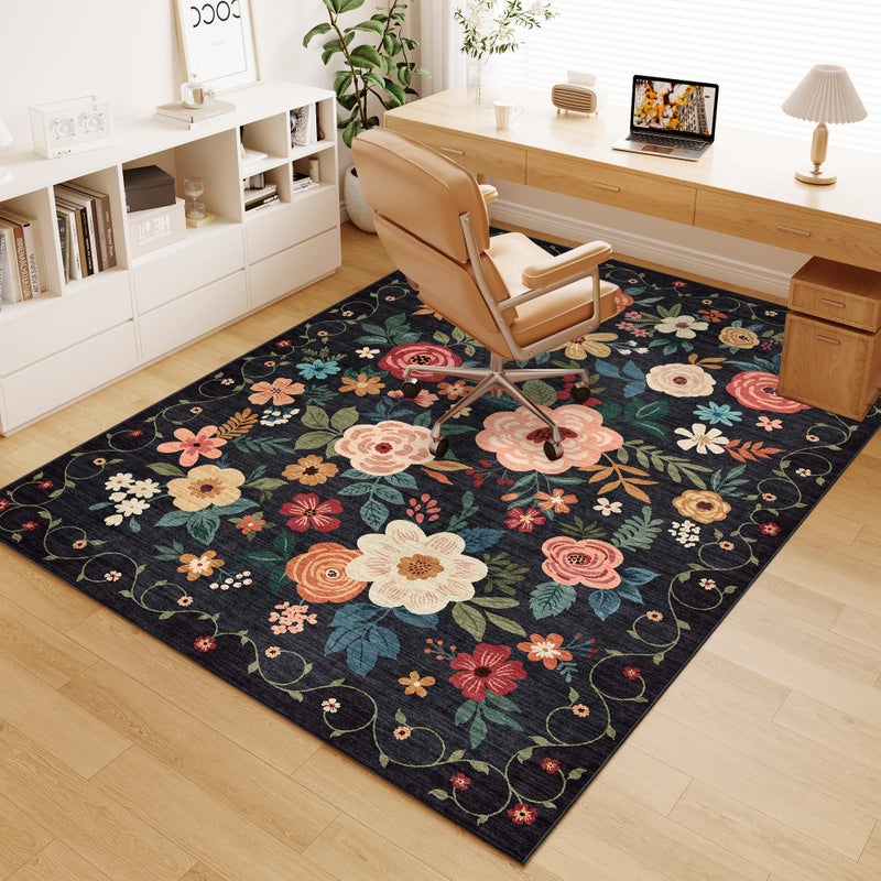 DUKINO 4x6 Feet Office Chair Mat, Lightweight Non Slip Washable Floral Area Rug, Indoor Low Pile & Non-Shedding Boho Design Rugs for Bedroom, Living Room, Dining Room, Black - Image 1