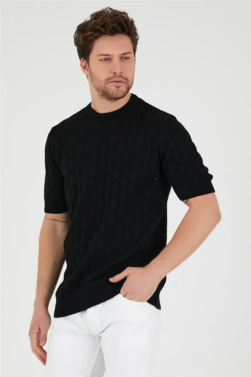 Cool Tarz Cool Style Black Men's Round Neck Patterned Knitted T-Shirt