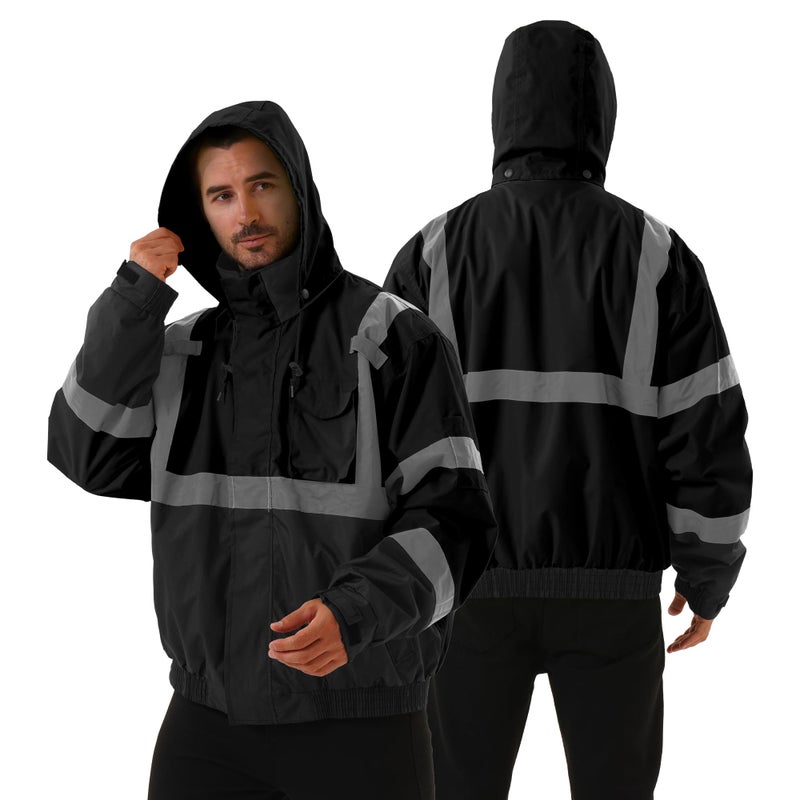 DPSAFETY 3 in 1 Safety jacket,Reflective high Visibility Hooded jacket,Hi Vis Bomber Jacket shell and fleece lining,Waterproof,ANSI Class 3 Black,Medium - Image 2