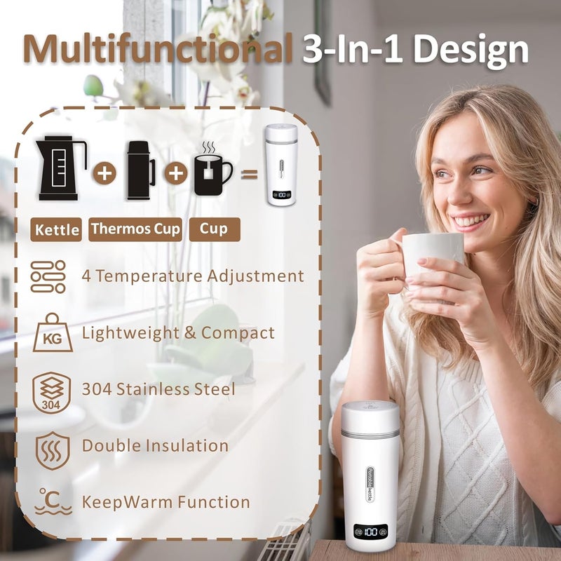 YIMI Portable Electric Kettle for Travel, Mini Hot Water Boiler for Tea Coffee Milk, 350ml Stainless Steel Small Water Kettle Heater with 4 Adjustable Temperature, Keep Warm, Auto Off for Trip, Office, Car - Image 2