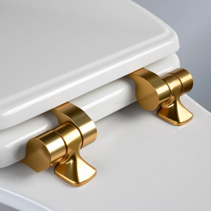 Mayfair Bennett Toilet Seat with Brushed Gold Hinges, Slow Close Wood Seat, Secure Metal Hinges, Easy Install, Made in USA, Elongated, White - Image 2