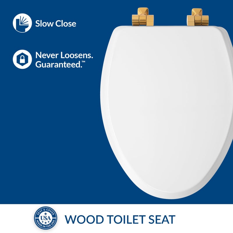Mayfair Bennett Toilet Seat with Brushed Gold Hinges, Slow Close Wood Seat, Secure Metal Hinges, Easy Install, Made in USA, Elongated, White - Image 3