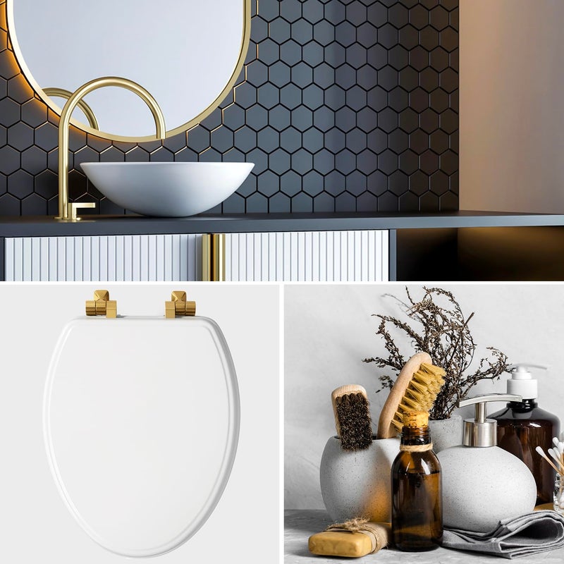 Mayfair Bennett Toilet Seat with Brushed Gold Hinges, Slow Close Wood Seat, Secure Metal Hinges, Easy Install, Made in USA, Elongated, White - Image 4