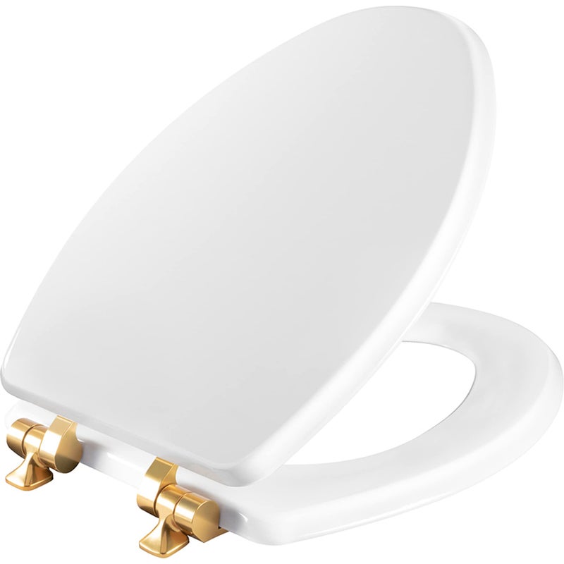 Mayfair Bennett Toilet Seat with Brushed Gold Hinges, Slow Close Wood Seat, Secure Metal Hinges, Easy Install, Made in USA, Elongated, White - Image 1