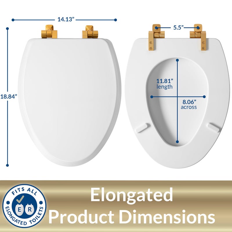 Mayfair Bennett Toilet Seat with Brushed Gold Hinges, Slow Close Wood Seat, Secure Metal Hinges, Easy Install, Made in USA, Elongated, White - Image 5