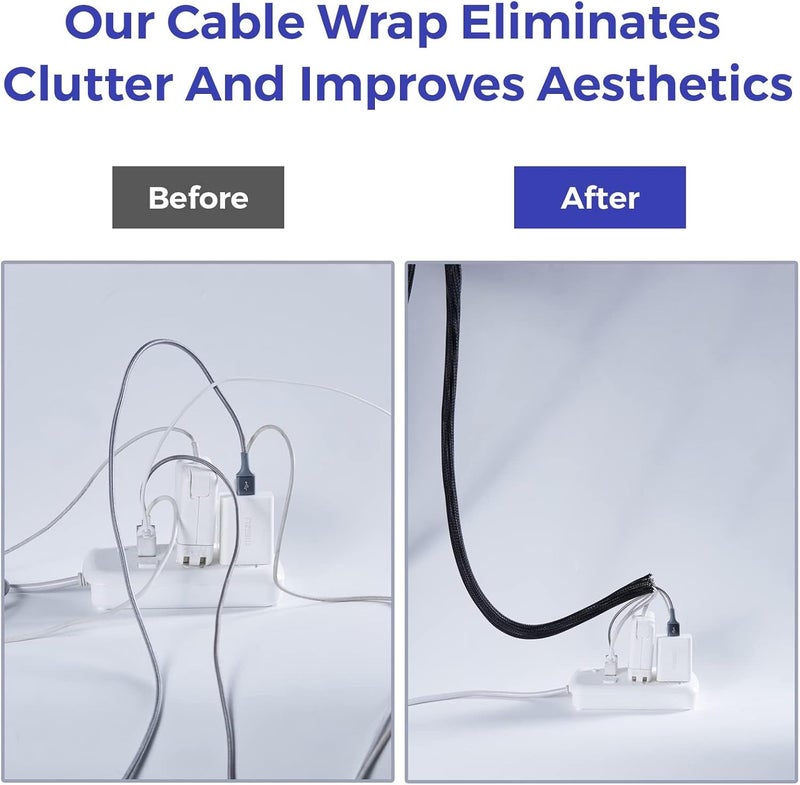 كاست ويف عبوة من قطعتين من أكمام إدارة الكابلات، أكمام كابل مضفرة منفصلة باللون الأسود، واقيات أسلاك من الحيوانات الأليفة، منظمات أسلاك، غلاف سلك مرن لتغليف الأسلاك لمنظم أسلاك الكمبيوتر (2 متر × 2) - Image 5