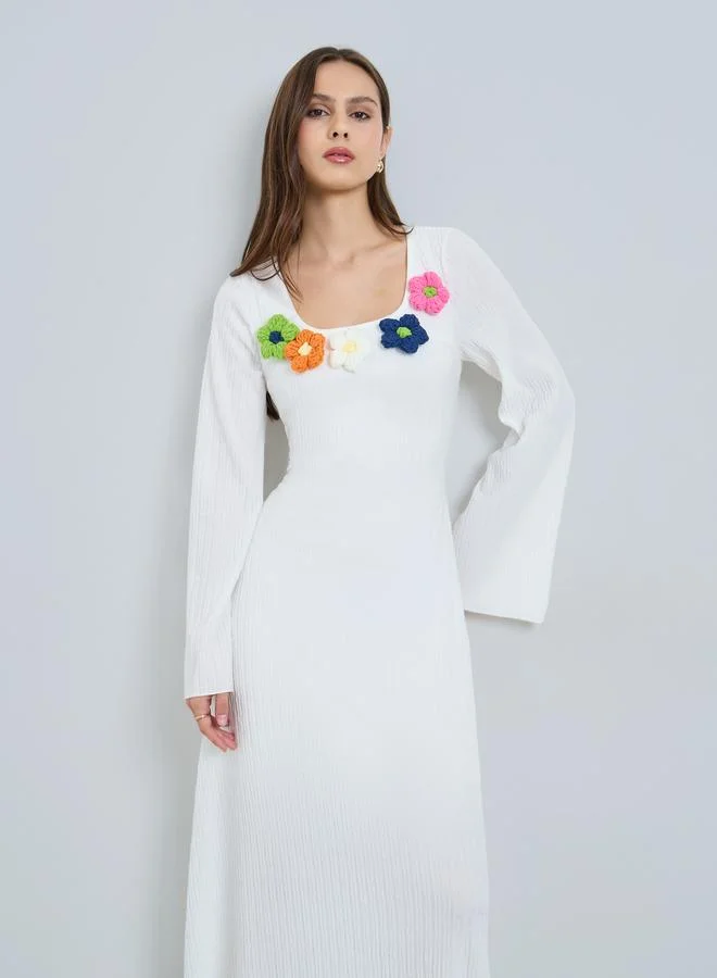 Take Two White Textured Flower Corsage Maxi Dress