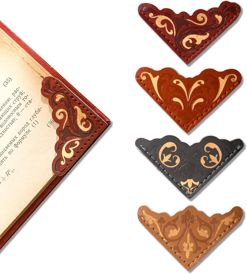 emmoolife 4 PCS Retro Gold Stamped Leather Bookmarks, Handmade Elegant Corner Bookmarks Personalized Pattern Book Accessories Gifts for Book Lovers - Image 1