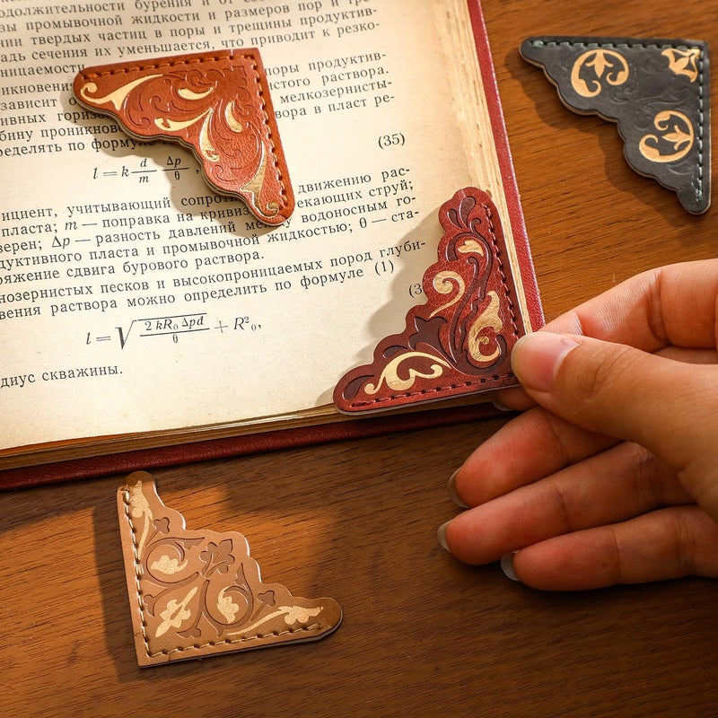 emmoolife 4 PCS Retro Gold Stamped Leather Bookmarks, Handmade Elegant Corner Bookmarks Personalized Pattern Book Accessories Gifts for Book Lovers - Image 4