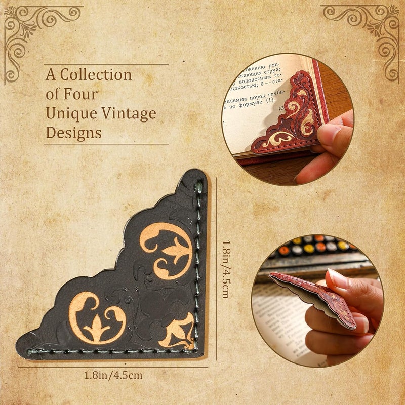 emmoolife 4 PCS Retro Gold Stamped Leather Bookmarks, Handmade Elegant Corner Bookmarks Personalized Pattern Book Accessories Gifts for Book Lovers - Image 3
