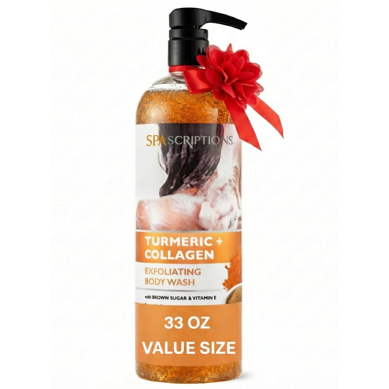 spascriptions غسول الجسم المقشر سبا سكريبتشنز بالكركم + الكولاجين، 33 أونصة، مقشر الجسم المضيء ومقشر الجسم، مقشر سكر مع سكر بني وفيتامين E، يقشر ويغذي البشرة، خالي من القسوة - Image 1